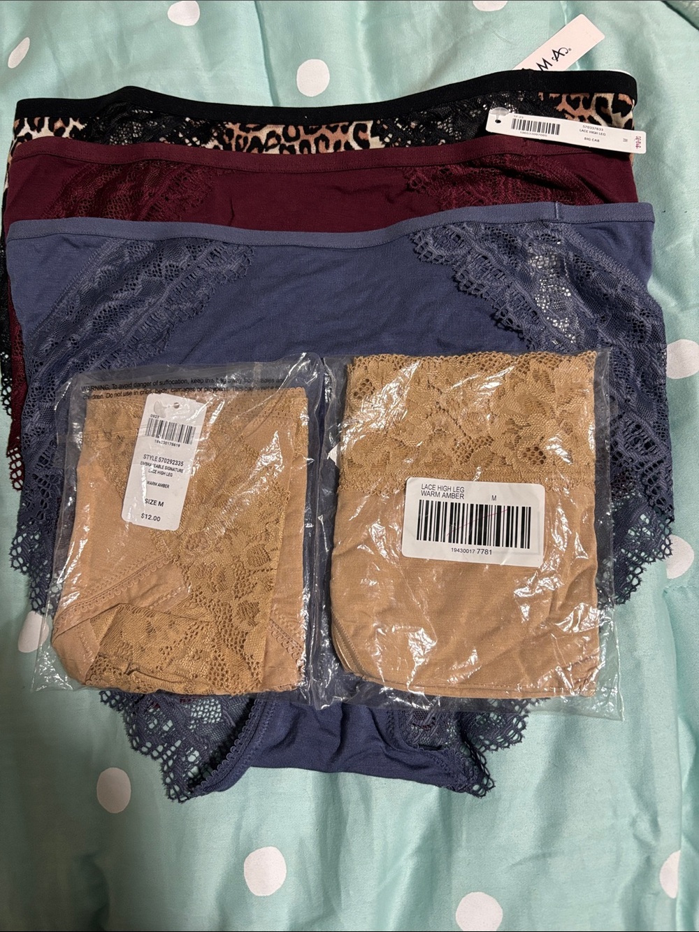 Soma Lace-Trim Hipster Pack — Blue, Burgundy, Black, Leopard & Tan